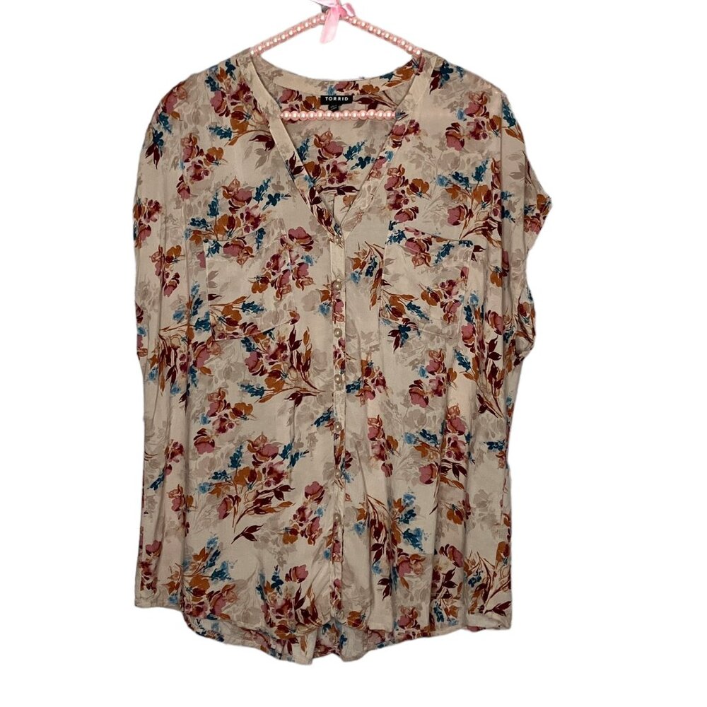 Torrid 00 Taupe Floral Challis Button Front Dolman Sleeve Shirt Top Plus Size - Picture 3 of 6